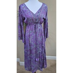 Maxi Dress Women Purple Paisley Silk Blend Boho Festival Bell Sleeve Whimsical